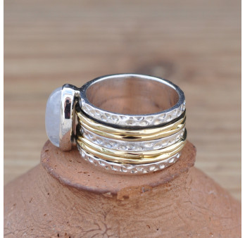 Bague large moderne argent doré et Pierre de lune (blanc) T55