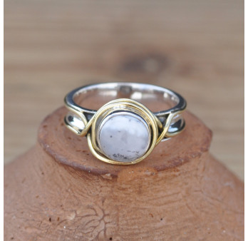Bague argent avec dorure et pierre ronde en Agate dendrite (blanc)