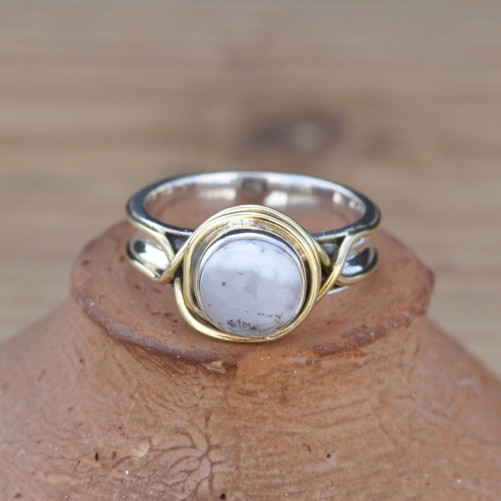 Bague argent avec dorure et pierre ronde en Agate dendrite (blanc)