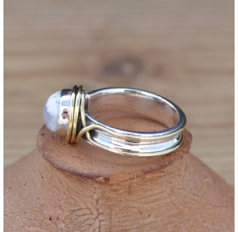 Bague argent avec dorure et pierre ronde en Agate dendrite (blanc) T52/54/56/57