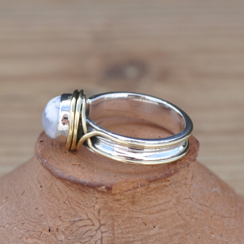 Bague argent avec dorure et pierre ronde en Agate dendrite (blanc) T52/54/56/57