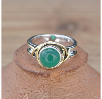 Bague argent avec dorure et pierre ronde en Agate verte (vert)