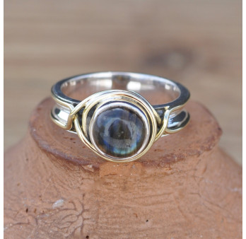 NEW ! Bague argent avec dorure et pierre ronde en Labradorite