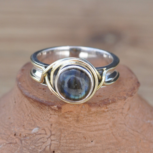 NEW ! Bague argent avec dorure et pierre ronde en Labradorite