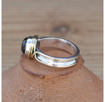 NEW ! Bague argent avec dorure et pierre ronde en Labradorite
