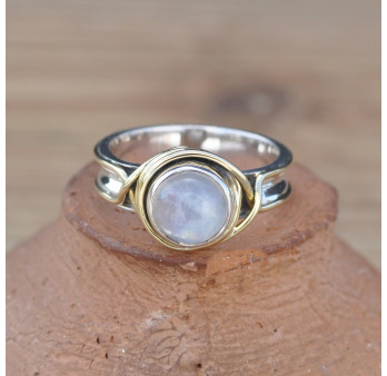 Bague argent avec dorure et pierre ronde en Pierre de lune