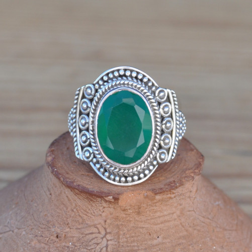 NEW ! Bague ethnique en argent et pierre Agate verte (vert)