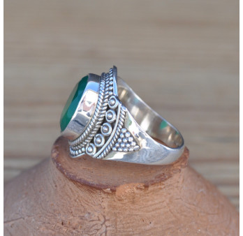 Bague ethnique en argent et pierre Agate verte (vert) T53/55