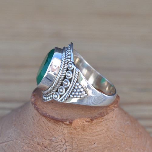 Bague ethnique en argent et pierre Agate verte (vert) T53/55