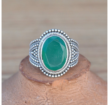 Bague argent travaillé et pierre naturelle Agate verte facettée ovale (vert)