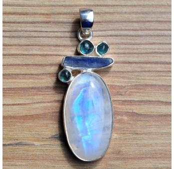 Pendentif argent 5 pierres de lune Cyanite et Apatite (blanc) (bleu)