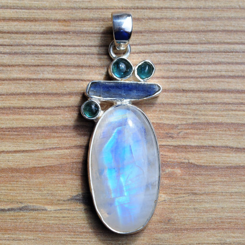 Pendentif argent 5 pierres de lune Cyanite et Apatite (blanc) (bleu)