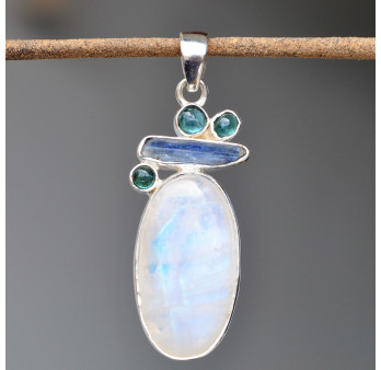 Pendentif argent 5 pierres de lune Cyanite et Apatite (blanc) (bleu)
