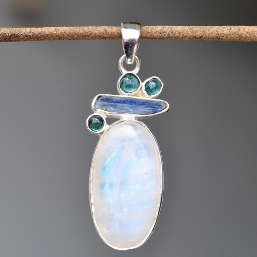 Pendentif argent 5 pierres de lune Cyanite et Apatite (blanc) (bleu)