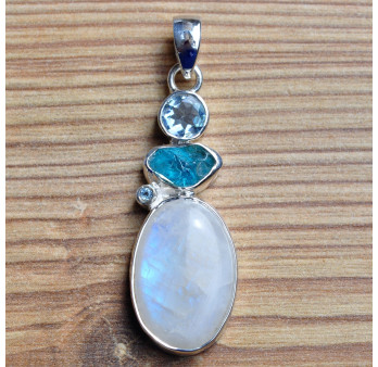 Pendentif argent 4 Pierres de lune Apatite et Topaze (blanc) (bleu)