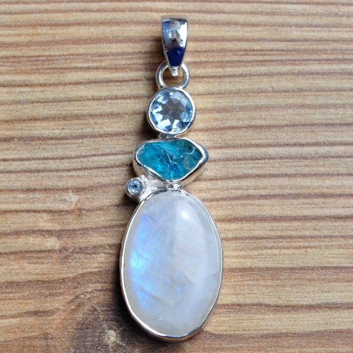 Pendentif argent 4 Pierres de lune Apatite et Topaze (blanc) (bleu)