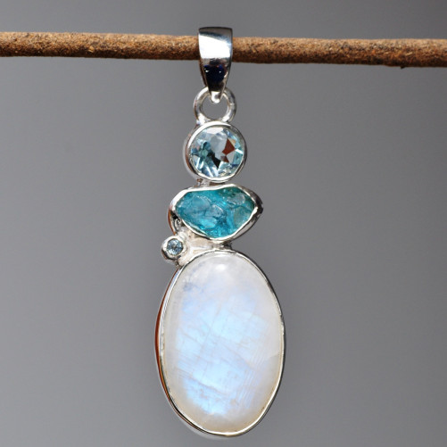 Pendentif argent 4 Pierres de lune Apatite et Topaze (blanc) (bleu)
