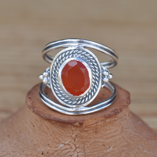 NEW ! Anneau large bohême ajouré en argent ciselé et Cornaline (orange)