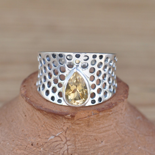 Anneau large ajouré en argent et pierre Citrine (jaune)