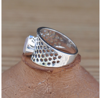 Anneau large ajouré en argent et pierre Quartz rose T62