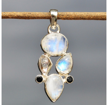 Pendentif argent 6 Pierres de lune Onyx et Quartz (blanc)
