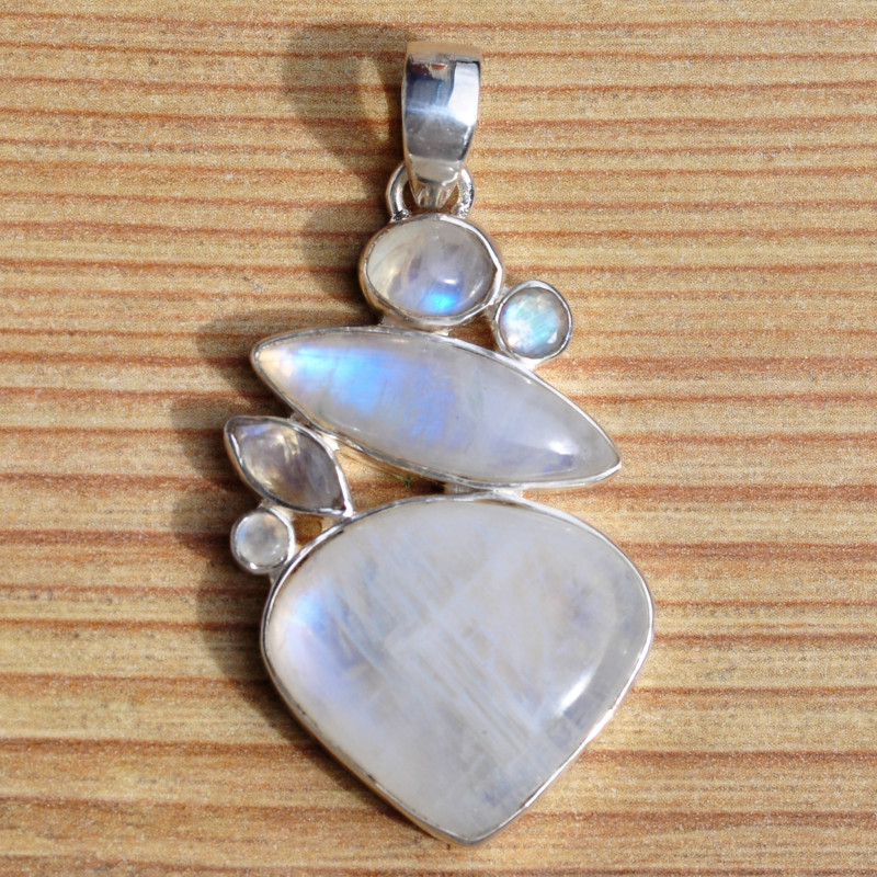 Gros pendentif argent 6 Pierres de lune (blanc)