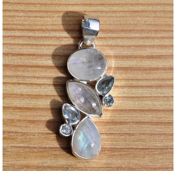 Pendentif argent 7 pierres de lune et topaze bleue (blanc) (bleu)