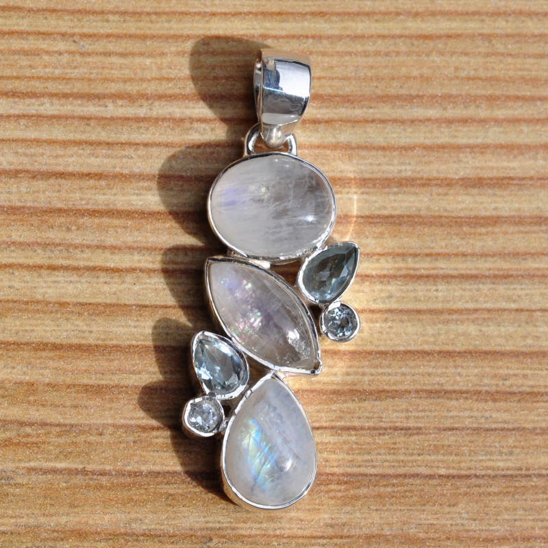 Pendentif argent 7 pierres de lune et topaze bleue (blanc) (bleu)