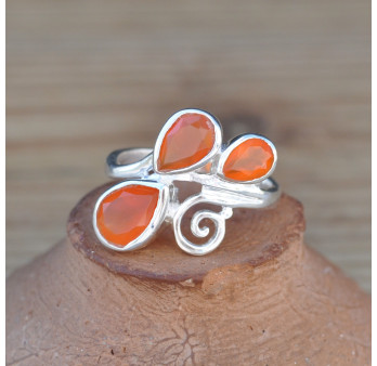 NEW ! Bague chic en argent 925 et 3 pierres gouttes en Cornaline T61
