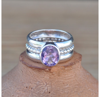 NEW ! Anneau boules d'argent et pierre ovale en Améthyste (violet)