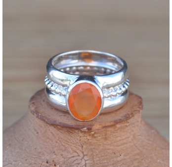 NEW ! Anneau boules d'argent et pierre ovale en Cornaline T56