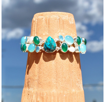 Bracelet argent 33 pierres en Chrysocolle Calcédoine Agate (vert) (bleu)