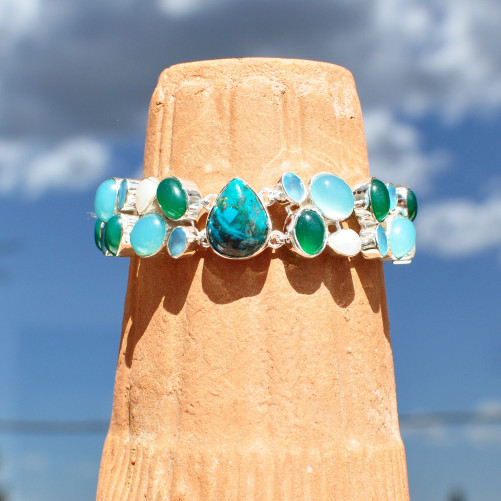 Bracelet argent 33 pierres en Chrysocolle Calcédoine Agate (vert) (bleu)
