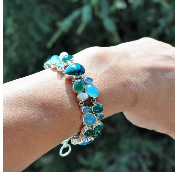 Bracelet argent 33 pierres en Chrysocolle Calcédoine Agate (vert) (bleu)