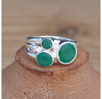 NEW ! Bague 3 pierres rondes Agate verte facettées et argent (vert)