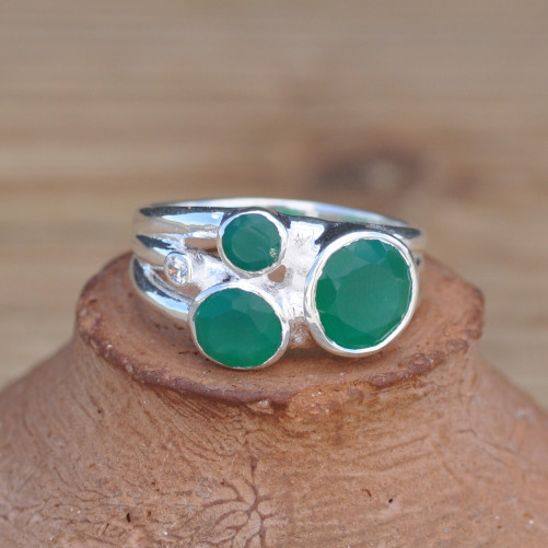 NEW ! Bague 3 pierres rondes Agate verte facettées et argent (vert)