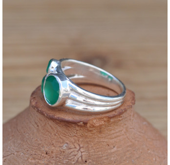 Bague 3 pierres rondes Agate verte facettées et argent (vert) T54/59
