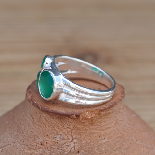 Bague 3 pierres rondes Agate verte facettées et argent (vert) T54/59