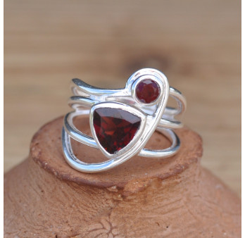 NEW ! Bague ajourée entremêlée 2 pierres en Grenat et argent (rouge)