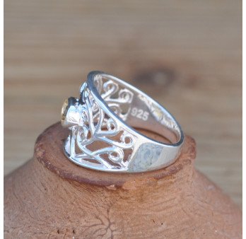 Anneau ajouré argent arabesques et pierre Citrine (jaune) T57