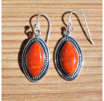 New! Boucles d'oreilles argent ciselé navette en corail éponge orange