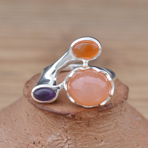 Bague contemporaine argent 3 pierres Pierre de lune Cornaline et Améthyste