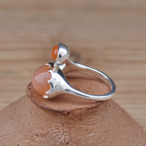 Bague contemporaine argent 3 pierres Pierre de lune Cornaline et Améthyste T55