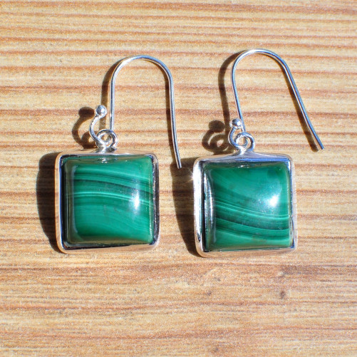 NEW! Boucles d'oreilles argent pierre carrée en malachite (vert)