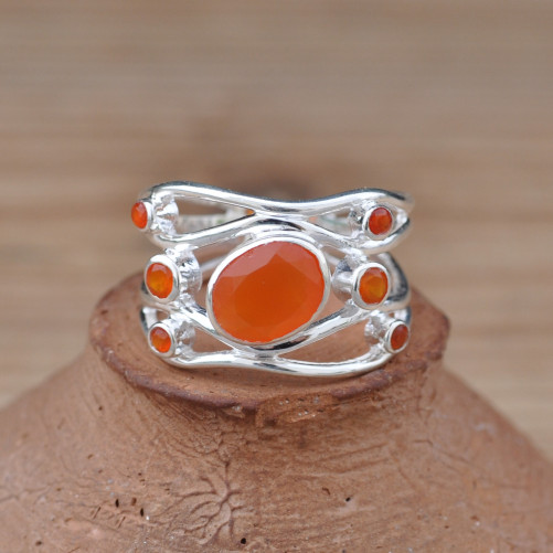 NEW ! Anneau en argent ajouré 7 pierres en Cornaline (orange)