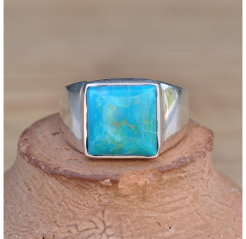 Chevalière argent et pierre carrée Turquoise d'Arizona bleue