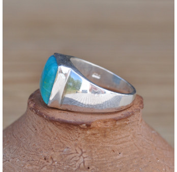 Chevalière argent et pierre carrée Turquoise d'Arizona bleue T54