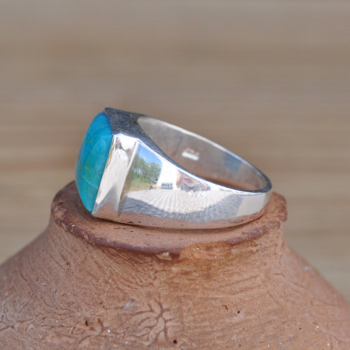 Chevalière argent et pierre carrée Turquoise d'Arizona bleue T54