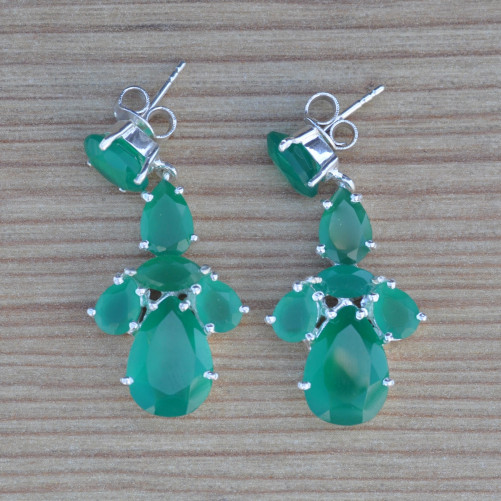 Boucles d'oreilles argent 6 pierres Agate verte griffées (vert)