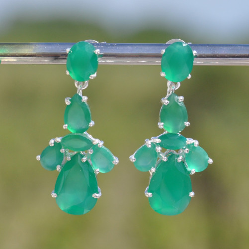 Boucles d'oreilles argent 6 pierres Agate verte griffées (vert)